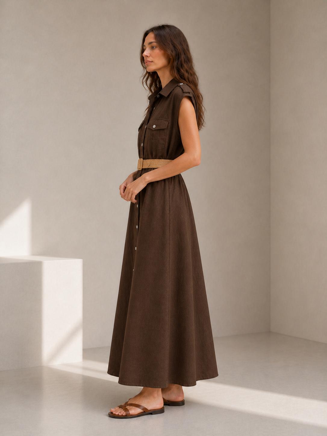 YULVET vestido camisero largo sin mangas con cinturón incluido, botones delanteros y bolsillos en el pecho, diseño fluido y elegante para looks cómodos de temporada