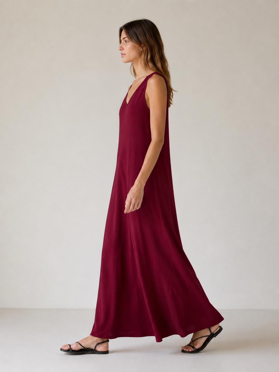 YULVET vestido largo fluido sin mangas con escote en pico y bolsillos laterales de estilo cómodo y elegante