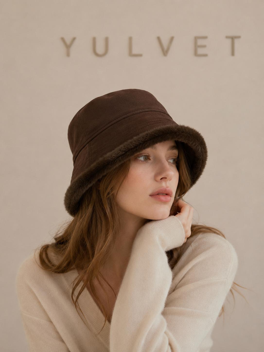 YULVET Sombrero Reversible de Mujer Tipo Bucket con Acabado Efecto Ante y Reverso de Pelo Suave, Gorro de Pescador de Copa Baja y Ala Caída para Otoño e Invierno