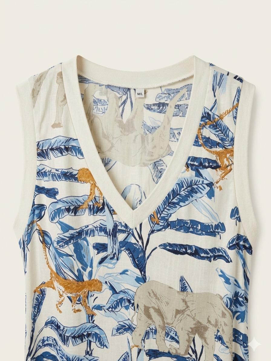 Vestido estampado tropical con animales en tonos azules y beige, escote en V sin mangas, corte fluido elegante con abertura lateral y tejido ligero ideal para verano