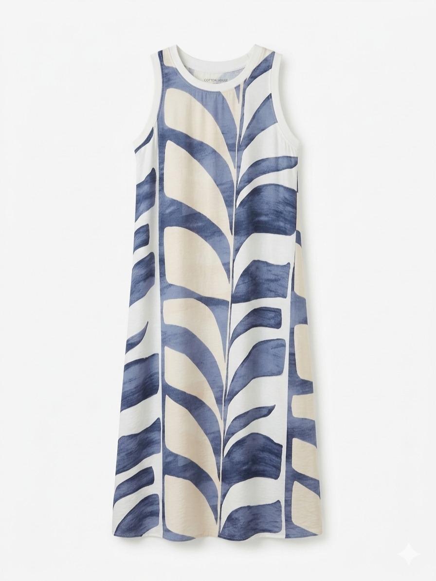 Vestido estampado  con cuello redondo sin mangas, corte amplio fluido estilo elegante casual y tejido ligero ideal para verano