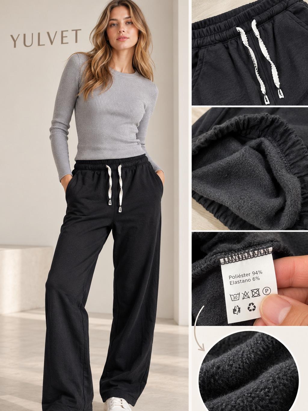 YULVET Pantalón de Mujer con Interior Afelpado, Corte Recto Holgado, Cintura Elástica con Cordón Ajustable y Bolsillos Laterales, Tejido Suave y Flexible
