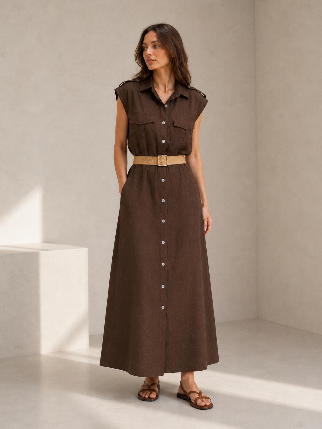 YULVET vestido camisero largo sin mangas con cinturón incluido, botones delanteros y bolsillos en el pecho, diseño fluido y elegante para looks cómodos de temporada