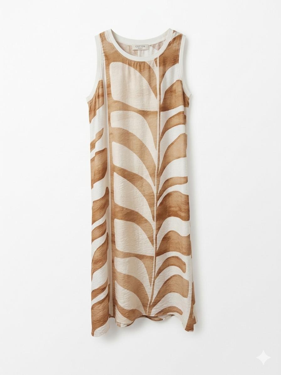 Vestido estampado  con cuello redondo sin mangas, corte amplio fluido estilo elegante casual y tejido ligero ideal para verano