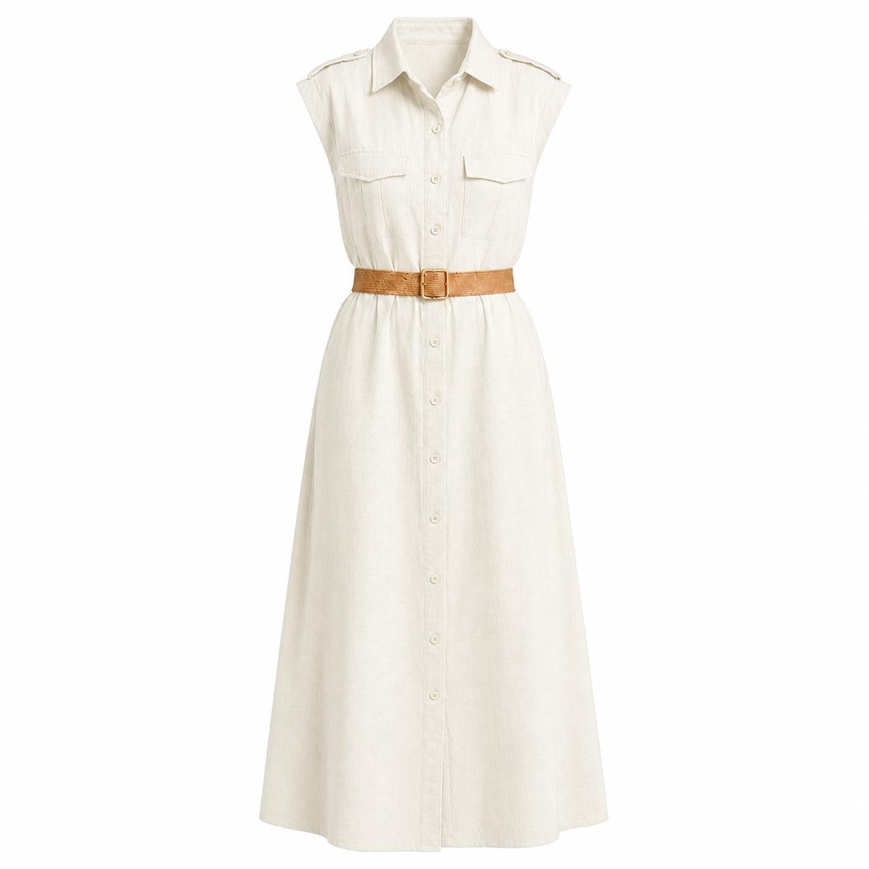 YULVET vestido camisero largo sin mangas con cinturón incluido, botones delanteros y bolsillos en el pecho, diseño fluido y elegante para looks cómodos de temporada