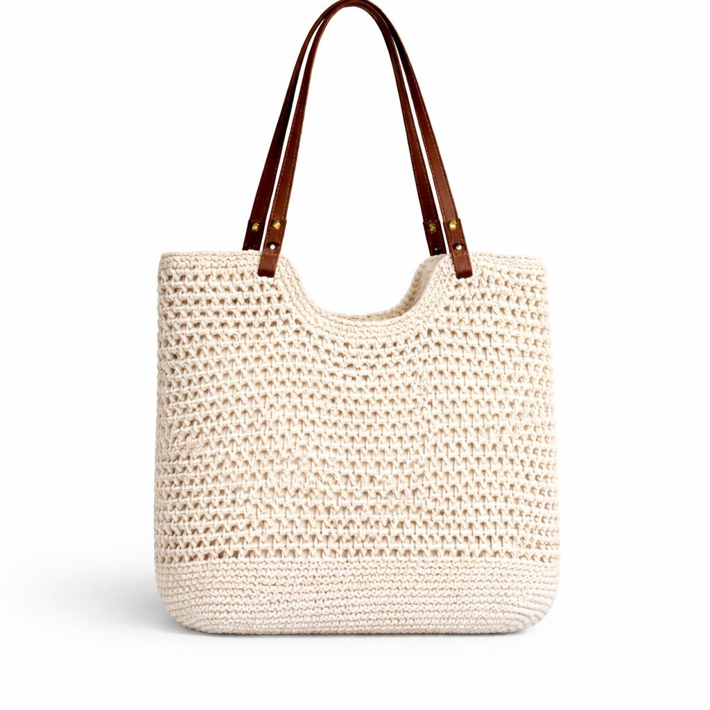 YULVET Bolso de Crochet de Algodón Elegante con Correa de Cuero Estilo Natural