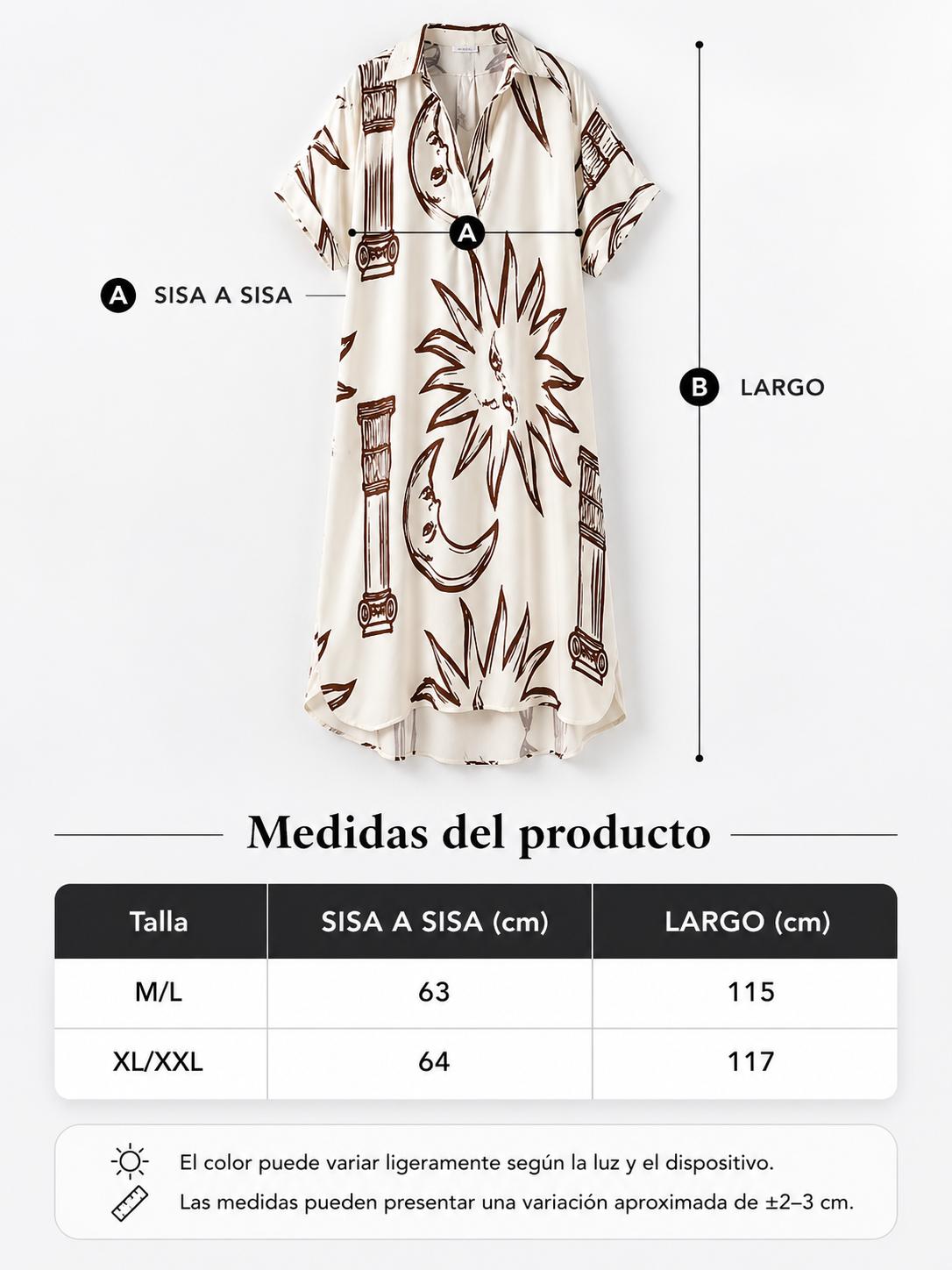 Vestido oversize estampado abstracto azul con cuello camisero y escote en V, manga corta amplia y bolsillos laterales, diseño fluido y elegante con tejido ligero y transpirable ideal para verano, look moderno y versátil perfecto para día a día