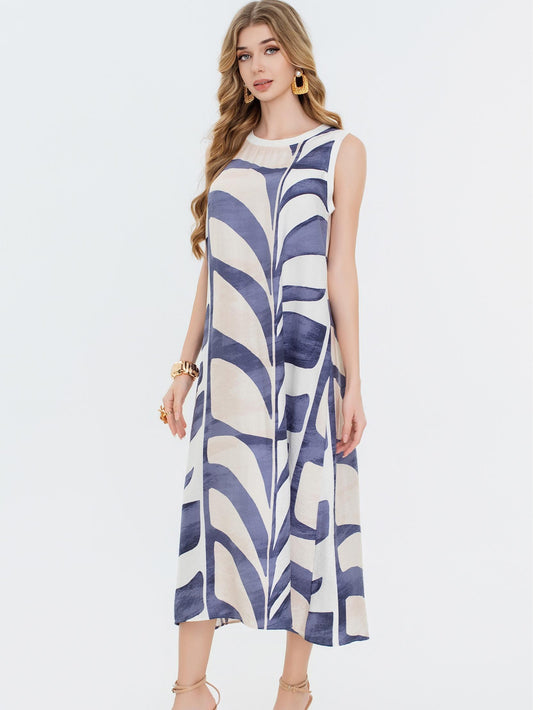 Vestido estampado  con cuello redondo sin mangas, corte amplio fluido estilo elegante casual y tejido ligero ideal para verano