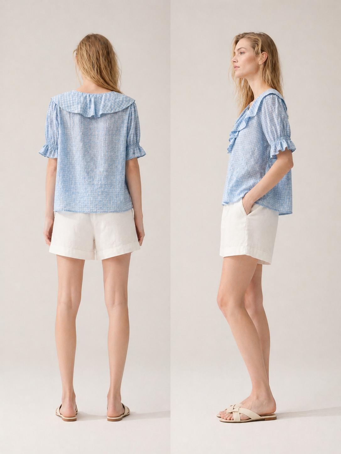 YULVET Blusa de cuadros vichy con volantes románticos y escote ajustable estilo boho veraniego