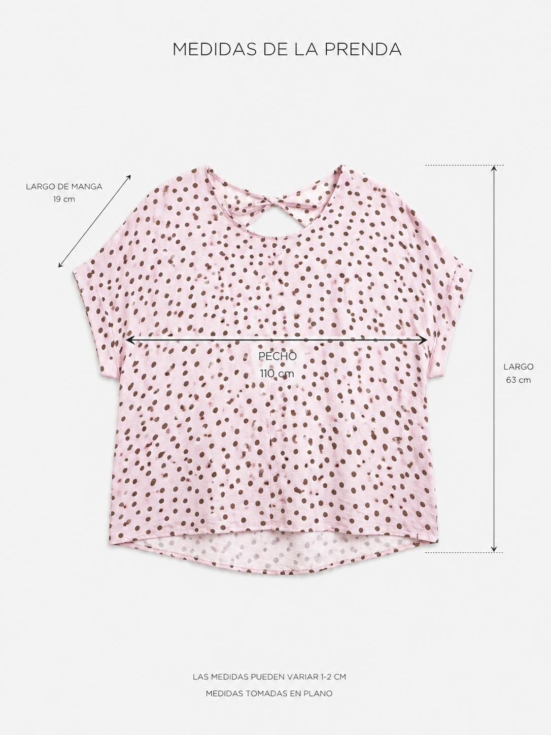YULVET Blusa fluida de lunares con caída ligera y escote redondo, diseño oversize con manga corta y detalle trasero abierto con lazada elegante