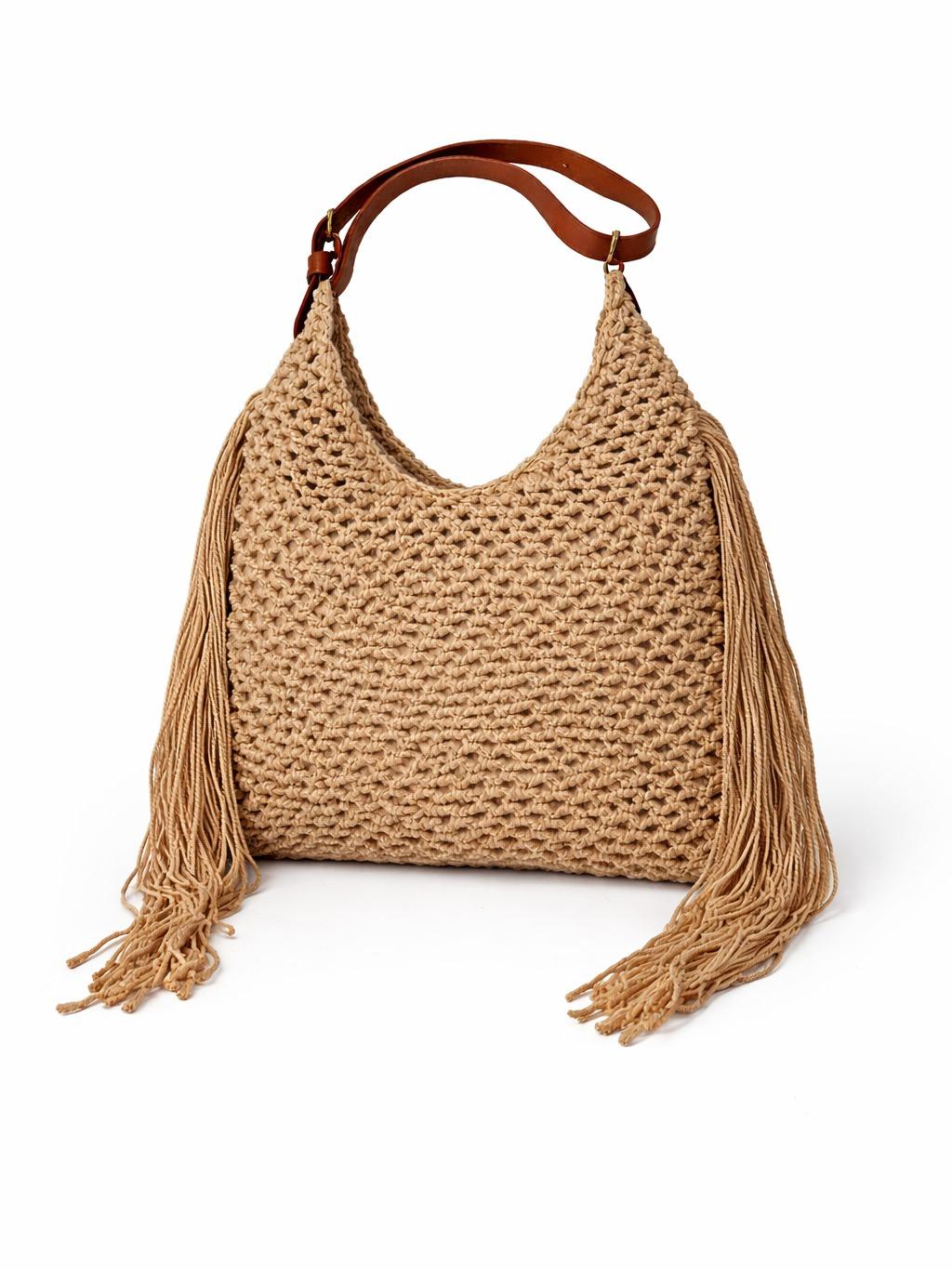 YULVET Bolso de Crochet con Flecos Estilo Natural de Verano con Detalles en Cuero Elegante
