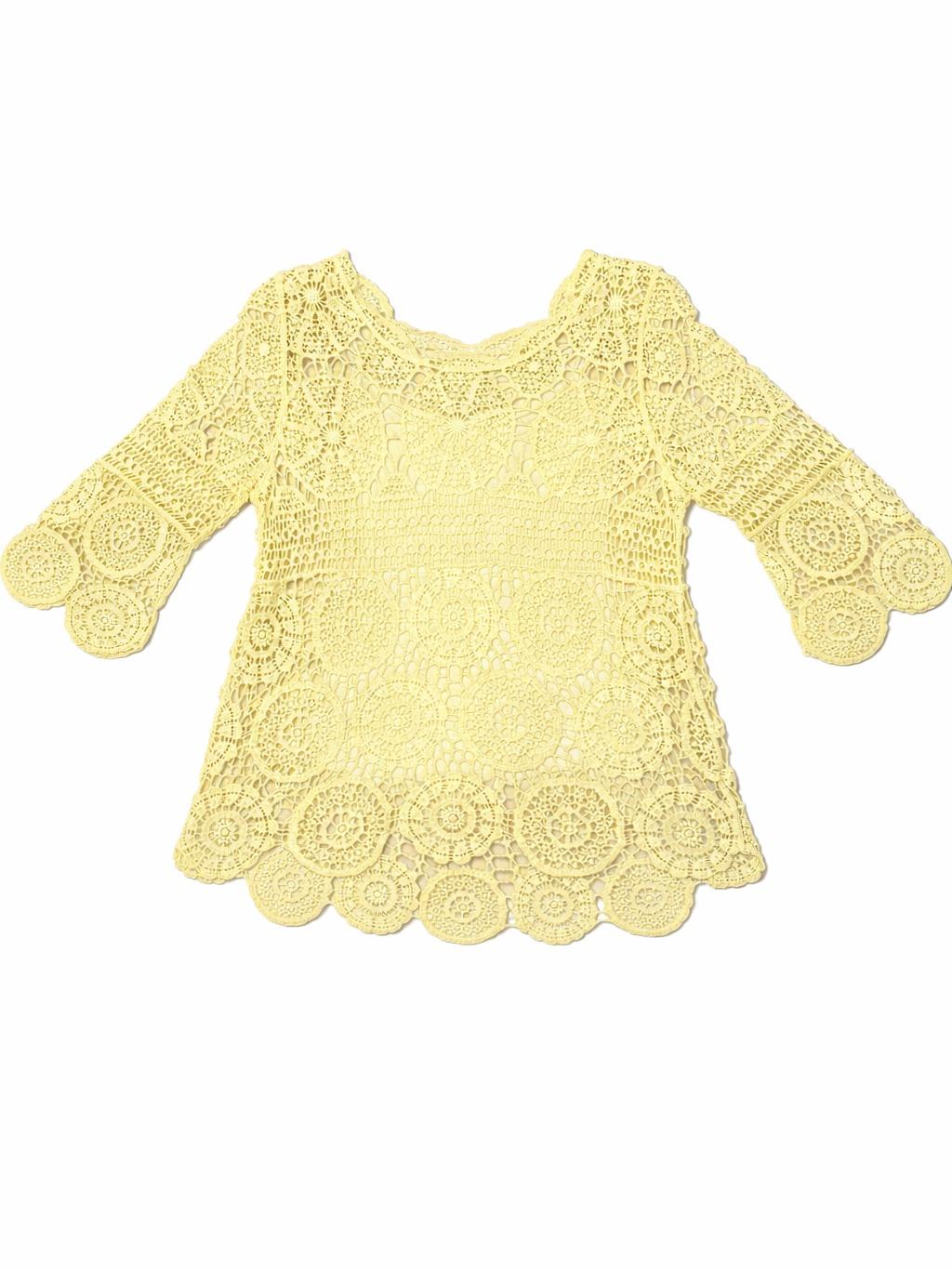 YULVET Blusa de encaje crochet floral con manga francesa acampanada y bajo ondulado en acabado calado elegante