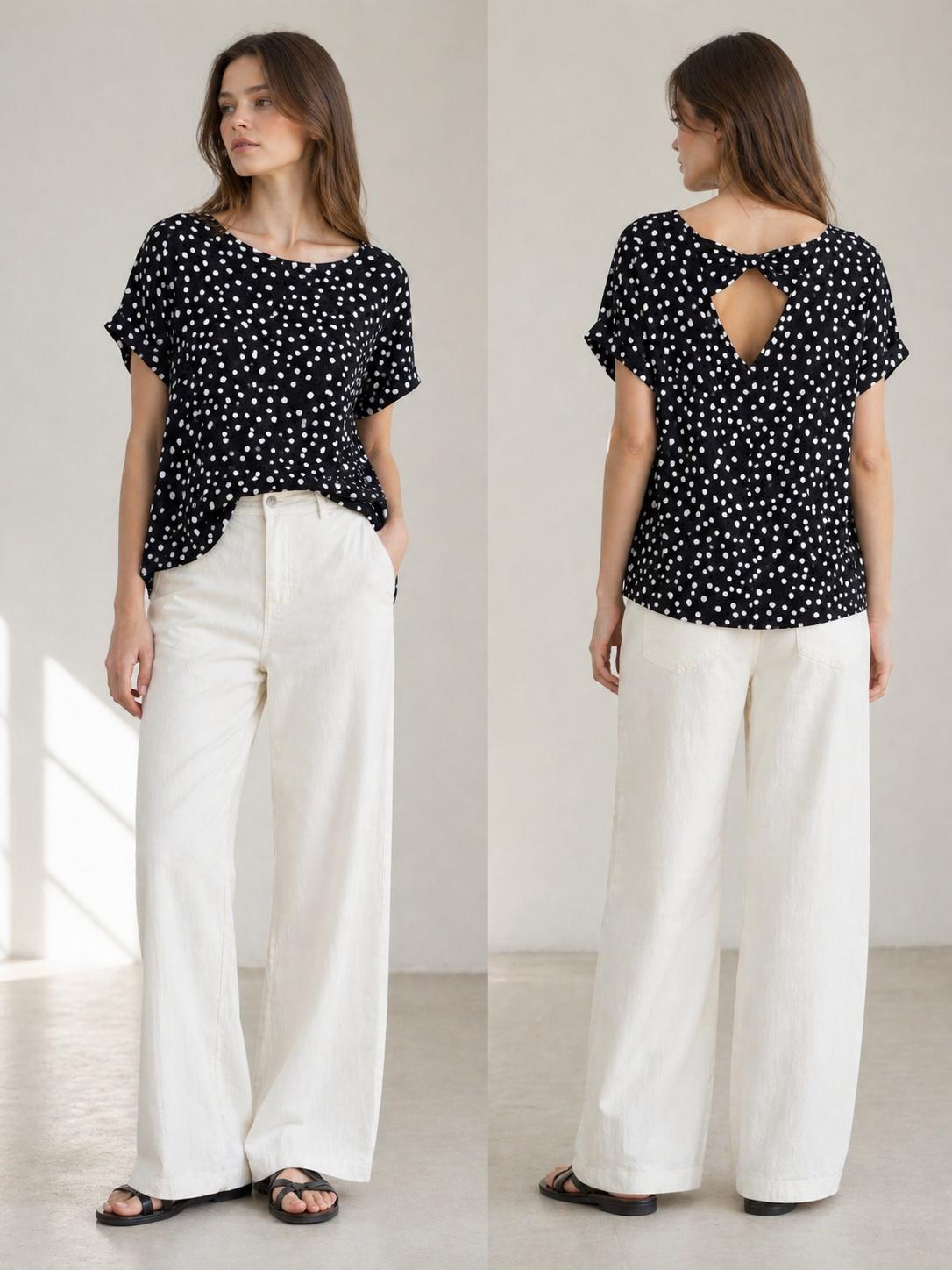 YULVET Blusa fluida de lunares con caída ligera y escote redondo, diseño oversize con manga corta y detalle trasero abierto con lazada elegante