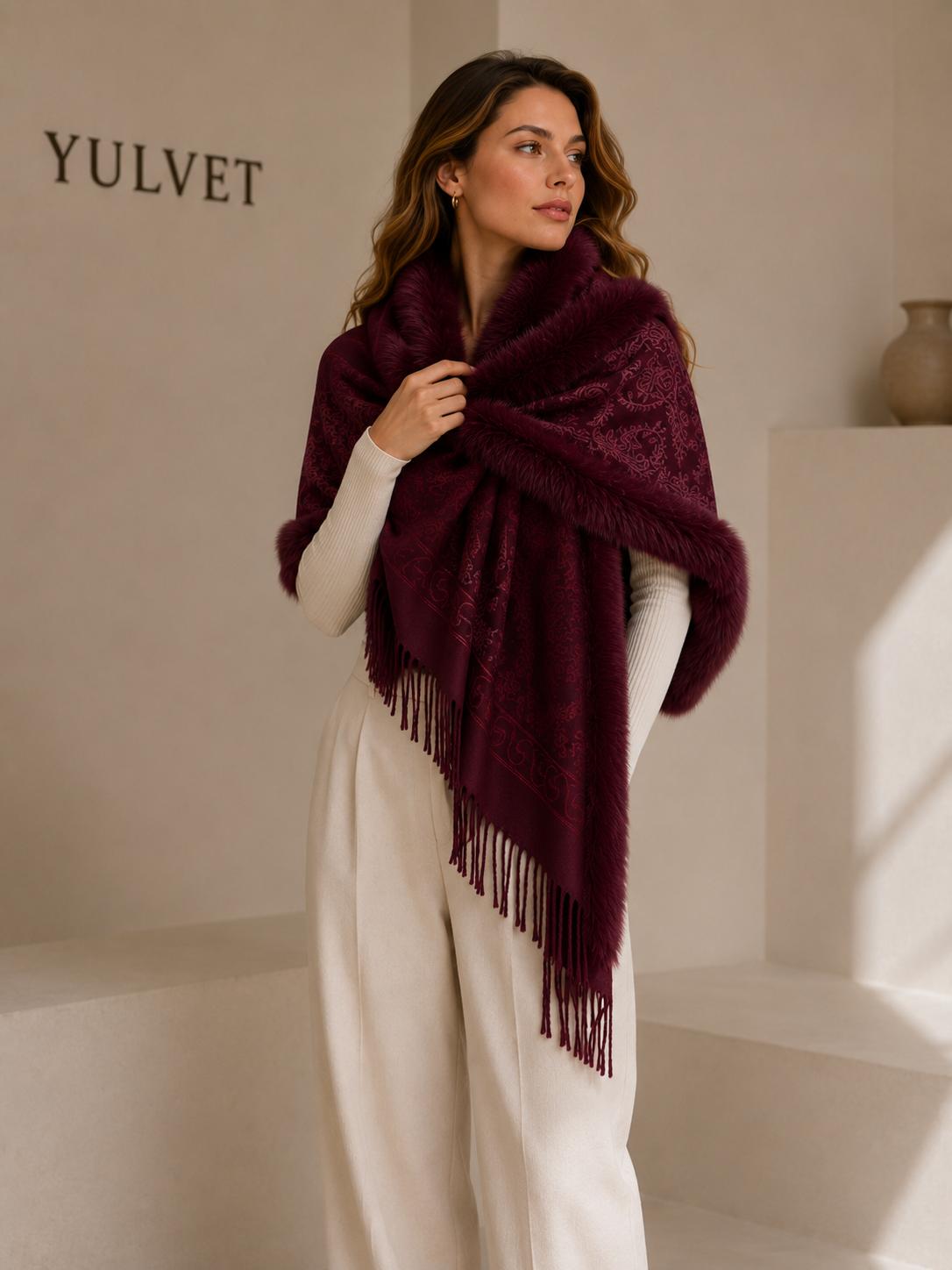YULVET Chal con cuello de pelo sintético de gran volumen, tejido jacquard con acabado elegante, flecos decorativos y diseño envolvente para otoño e invierno
