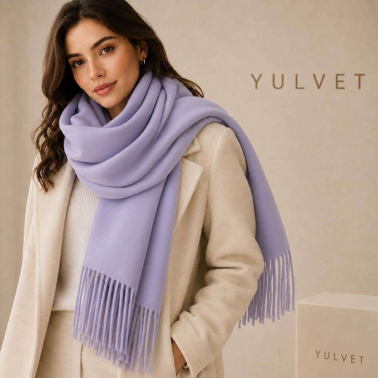 YULVET Bufanda grande para mujer de tacto suave con flecos, acabado liso y diseño elegante y versátil para uso diario, viajes y ocasiones especiales