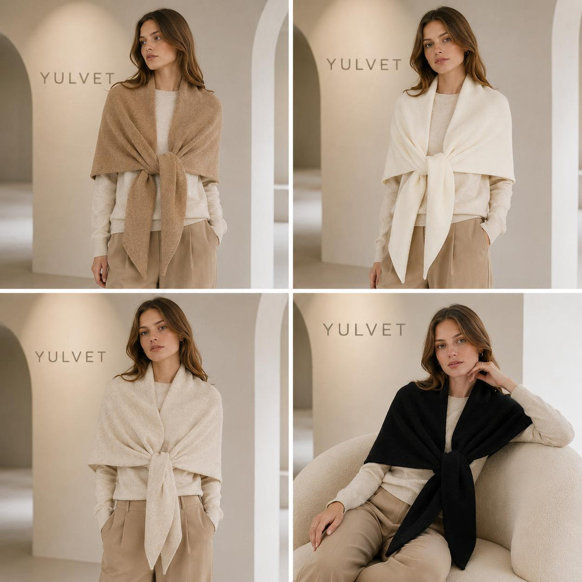 YULVET Chal Triangular para Mujer de 100% Poliéster con Abertura Pasante y Puntas Alargadas, Textura Suave y Caída Natural, Pañuelo Envolvente Versátil para Llevar como Bufanda o Estola