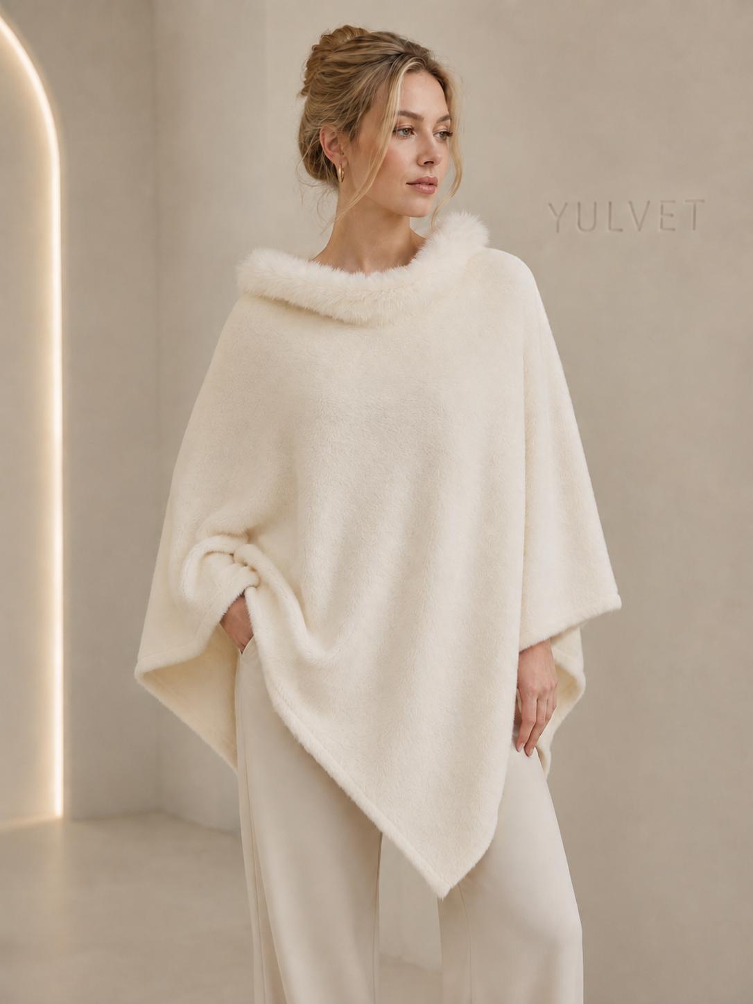 YULVET Poncho de Mujer con Cuello de Pelo Suave, Capa Elegante de Viscosa con Caída Fluida, Tacto Agradable y Diseño Versátil para Otoño e Invierno