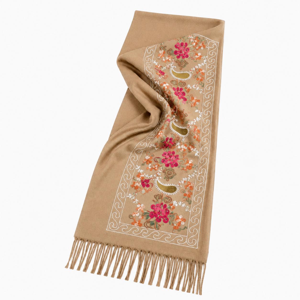 YULVET Bufanda Bordada de Mujer con Flecos, Estampado Floral y Detalles Ornamentales, Tejido Suave y Elegante para Otoño e Invierno