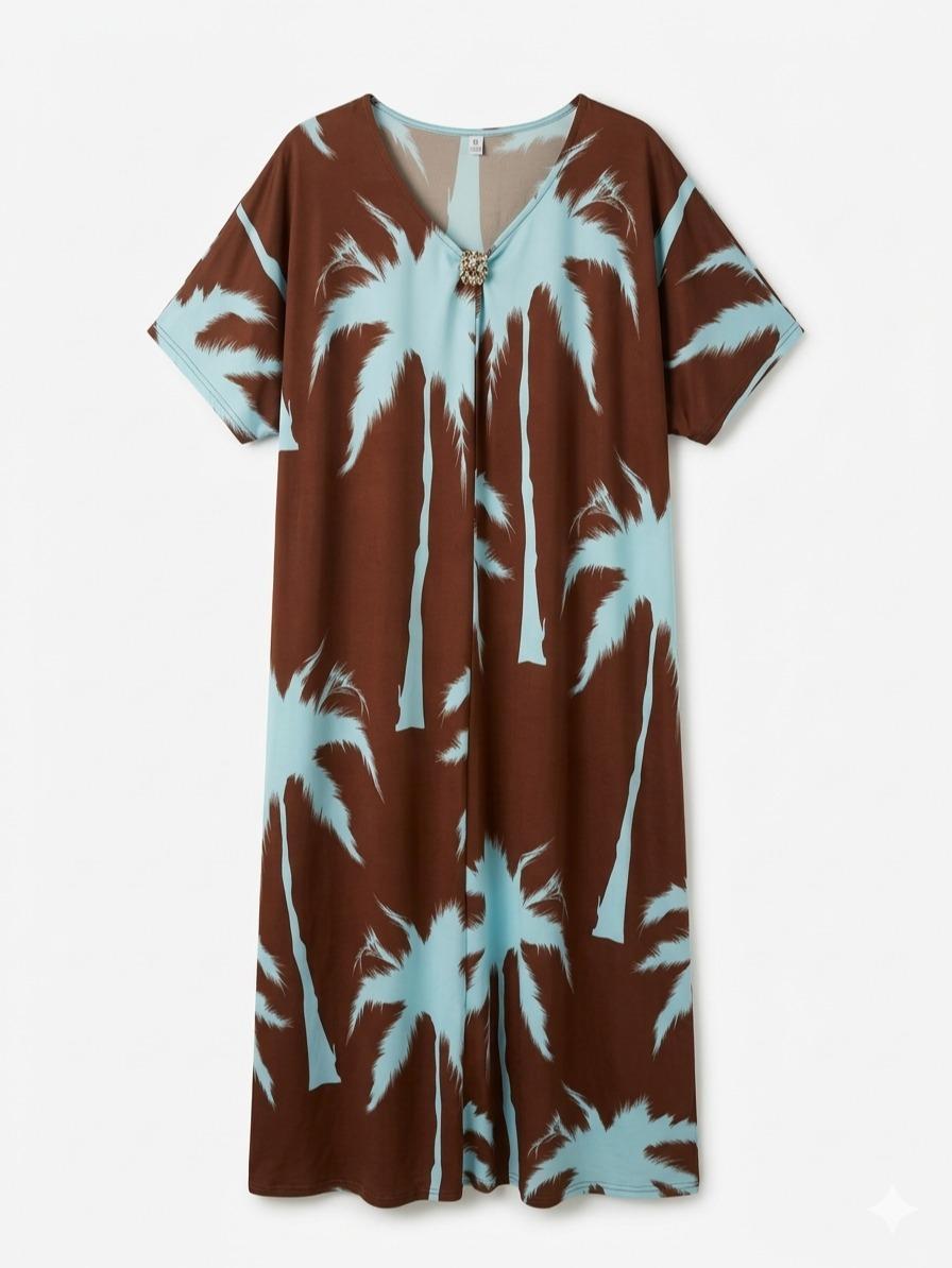 Vestido estampado tropical con escote en V y manga corta amplia, corte fluido oversize estilo elegante casual con tejido ligero ideal para verano