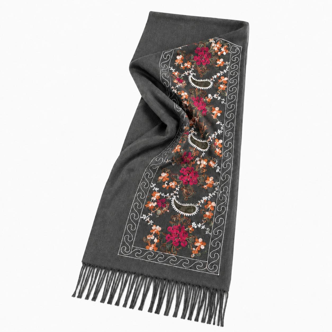 YULVET Bufanda Bordada de Mujer con Flecos, Estampado Floral y Detalles Ornamentales, Tejido Suave y Elegante para Otoño e Invierno