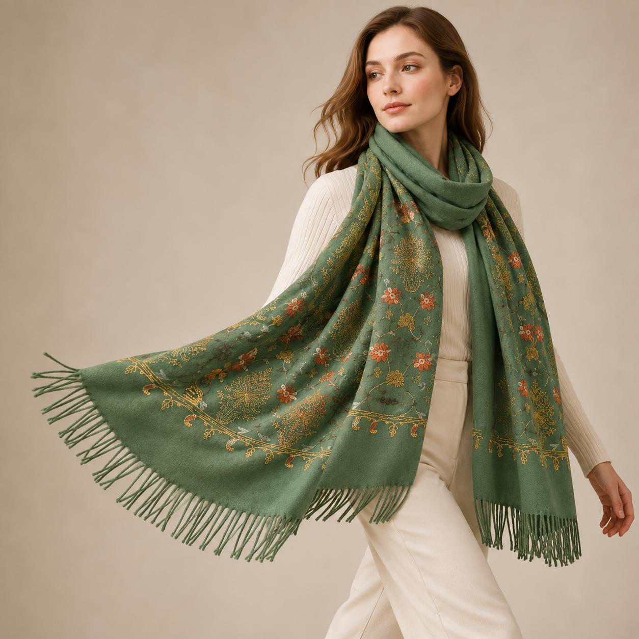 YULVET Bufanda de punto suave con estampado ornamental tipo jacquard, acabado elegante con flecos y diseño versátil para otoño e invierno