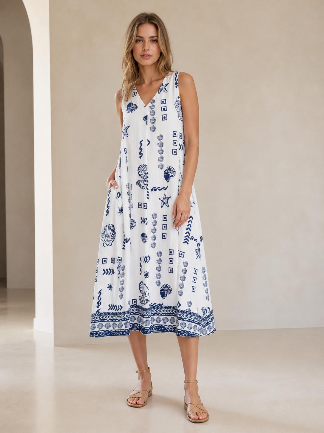Vestido estampado estilo boho con escote en V, corte fluido y tejido ligero ideal para verano, diseño cómodo y elegante perfecto para looks casuales o vacaciones
