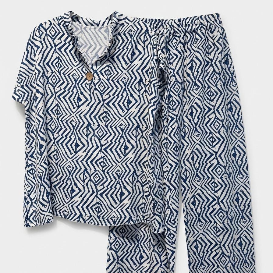 Conjunto 2 piezas blusa y pantalón ancho estampado  estilo boho, tejido ligero y fresco ideal para verano, camiseta suelta con manga corta y pantalón fluido de cintura elástica, look cómodo y elegante fácil de combinar, perfecto para vacaciones