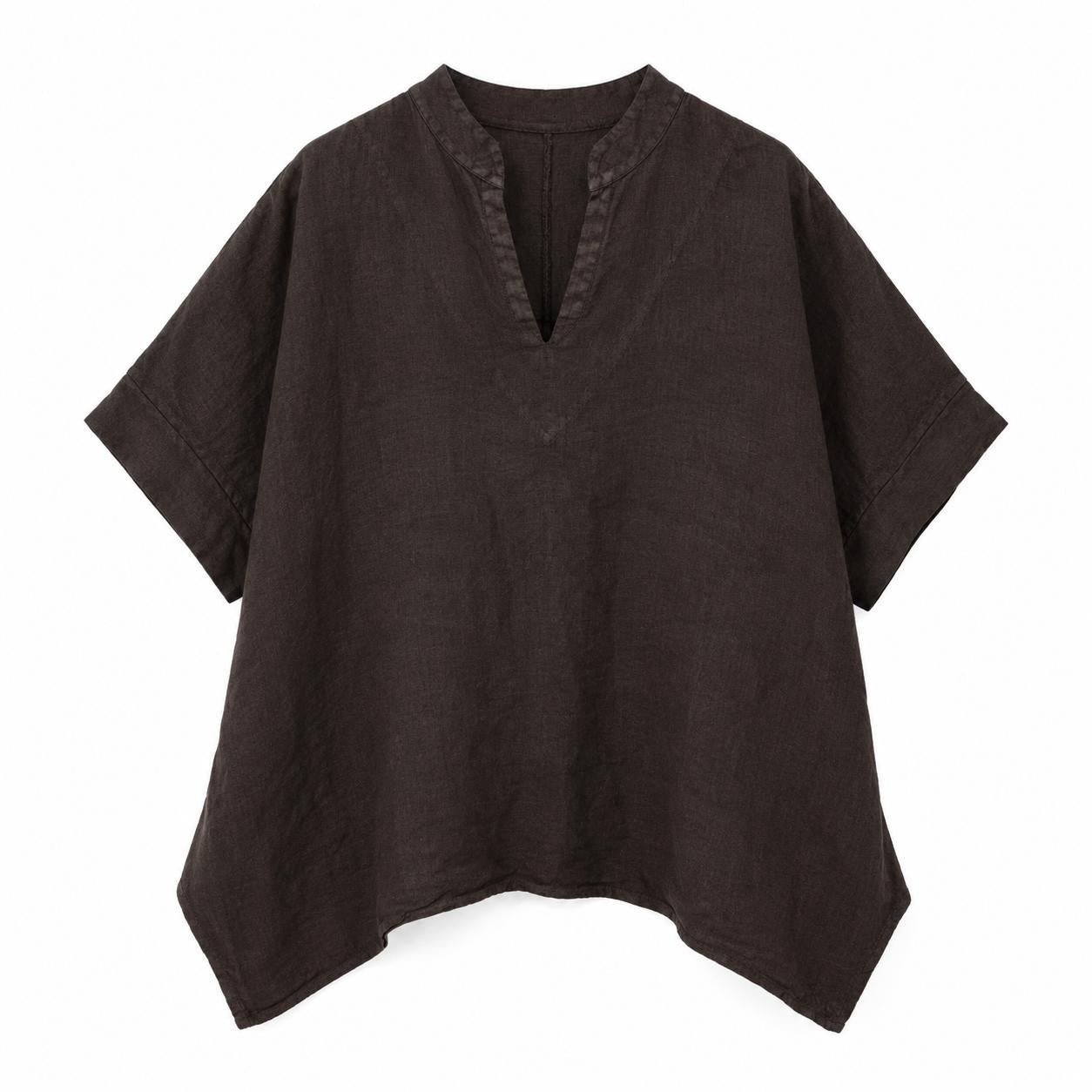 YULVET Blusa amplia de lino 100% con cuello mao, escote en pico y manga corta estilo oversize
