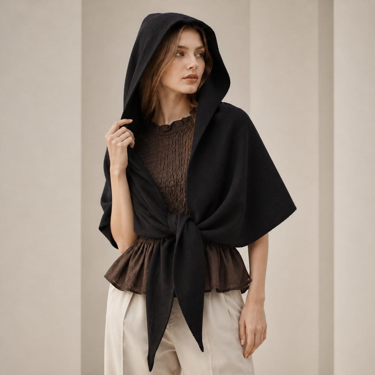 YULVET Capa Poncho con Capucha para Mujer | Chal Triangular de Tejido Suave con Caída Envolvente y Cierre Anudado | Capa Ligera Elegante para Otoño e Invierno