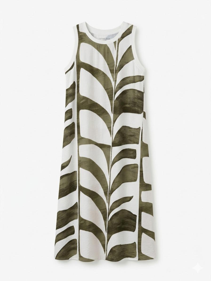 Vestido estampado  con cuello redondo sin mangas, corte amplio fluido estilo elegante casual y tejido ligero ideal para verano