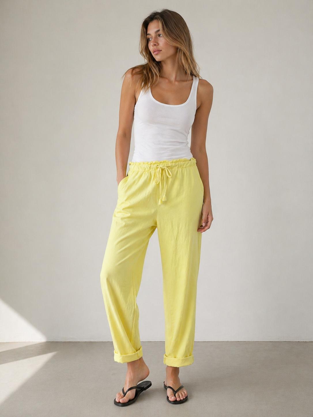 YULVET Pantalón de Algodón Corte Relajado con Cintura Elástica y Cordón Ajustable para Uso Diario con Bolsillos Laterales