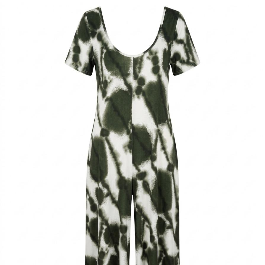 YULVET Mono largo fluido estampado estilo tie-dye con manga corta, escote redondo y pernera amplia con bolsillos laterales