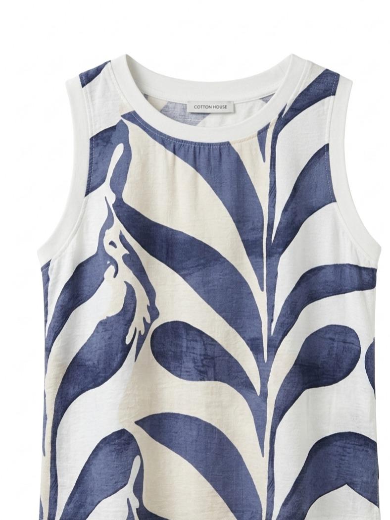 Vestido estampado  con cuello redondo sin mangas, corte amplio fluido estilo elegante casual y tejido ligero ideal para verano