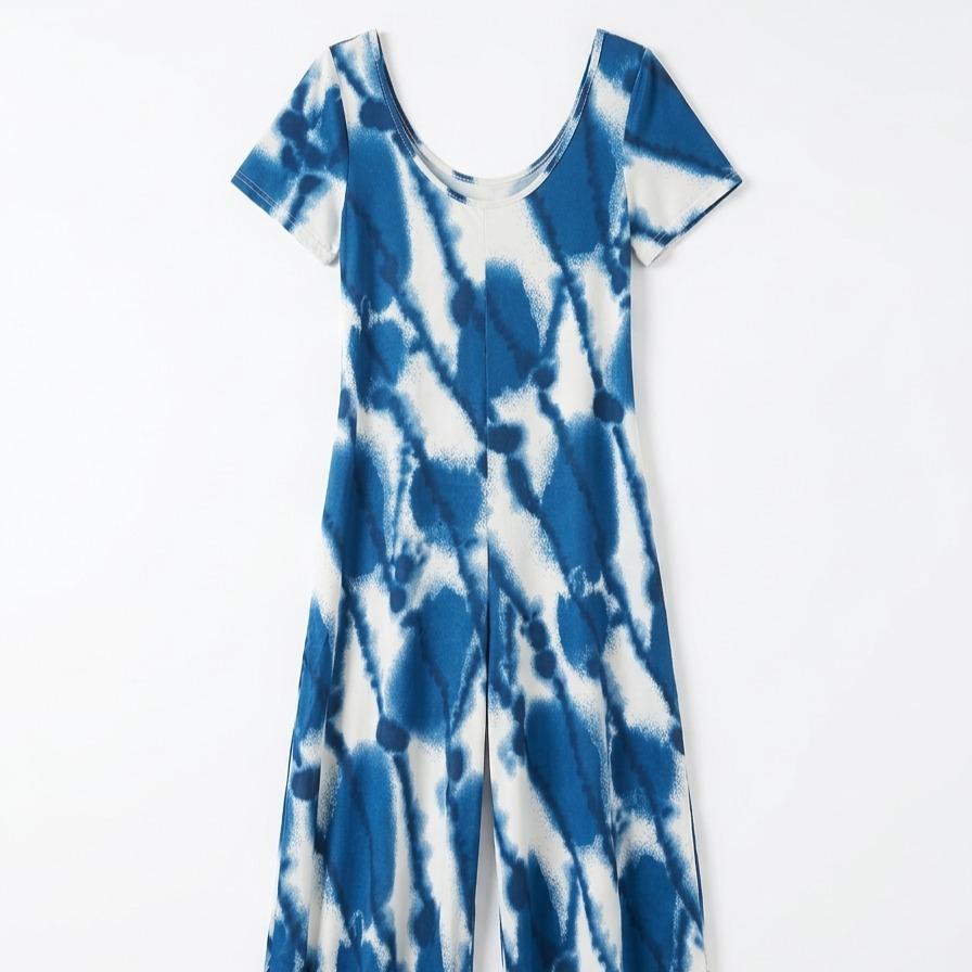 YULVET Mono largo fluido estampado estilo tie-dye con manga corta, escote redondo y pernera amplia con bolsillos laterales