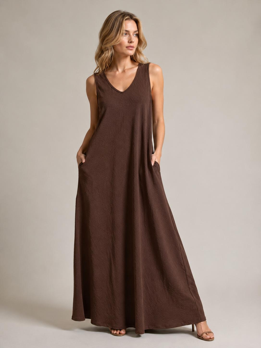 YULVET vestido largo fluido sin mangas con escote en pico y bolsillos laterales de estilo cómodo y elegante