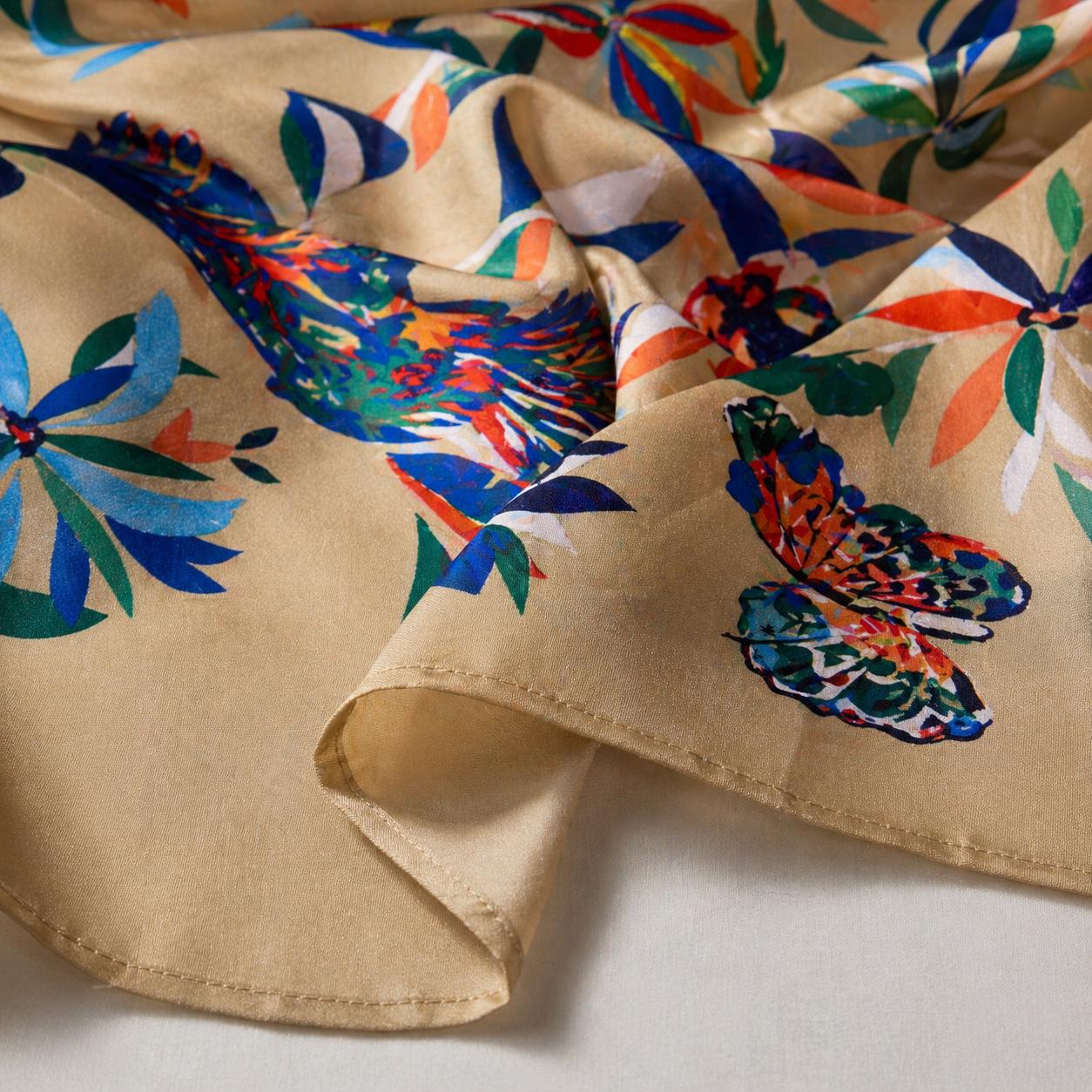 YULVET Pañuelo cuadrado satinado con estampado floral multicolor y mariposas, estilo elegante y versátil para looks sofisticados