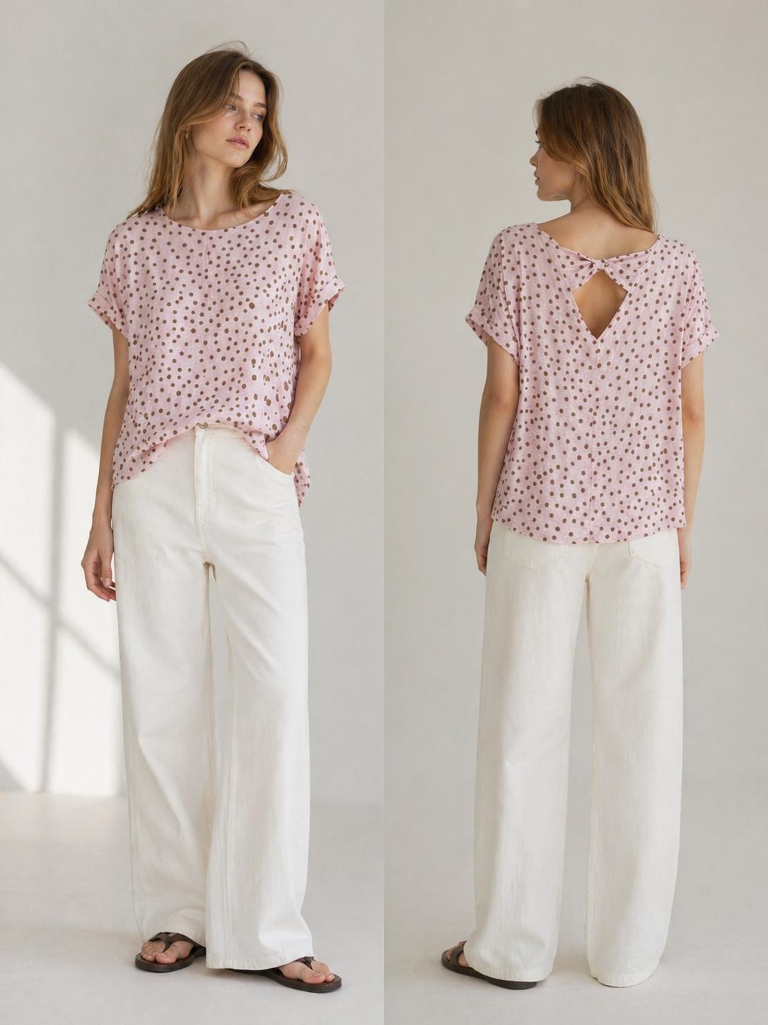 YULVET Blusa fluida de lunares con caída ligera y escote redondo, diseño oversize con manga corta y detalle trasero abierto con lazada elegante