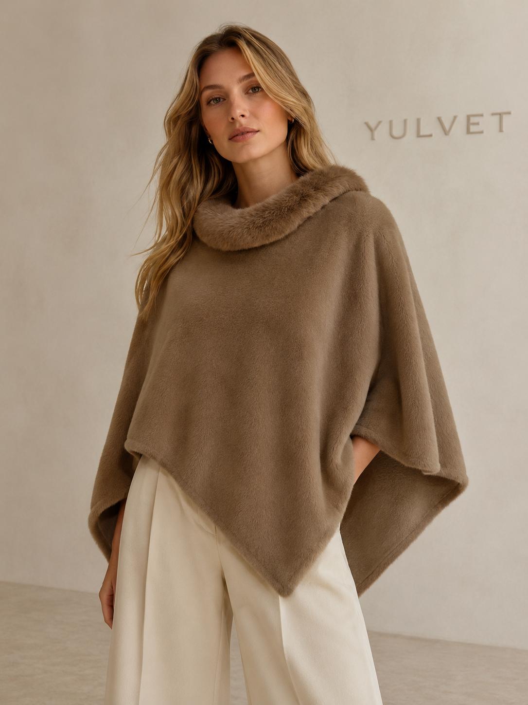 YULVET Poncho de Mujer con Cuello de Pelo Suave, Capa Elegante de Viscosa con Caída Fluida, Tacto Agradable y Diseño Versátil para Otoño e Invierno