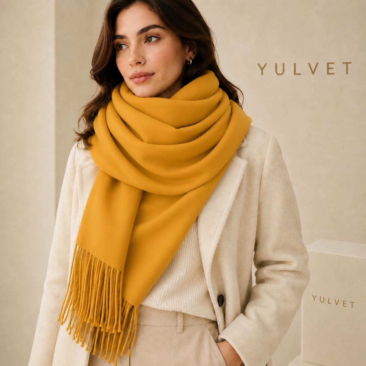 YULVET Bufanda grande para mujer de tacto suave con flecos, acabado liso y diseño elegante y versátil para uso diario, viajes y ocasiones especiales