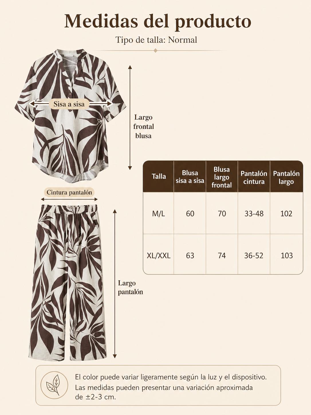 Conjunto de dos piezas fluido estampado de hojas tropicales con camisa de manga corta abotonada y pantalón largo de pernera amplia con cintura elástica