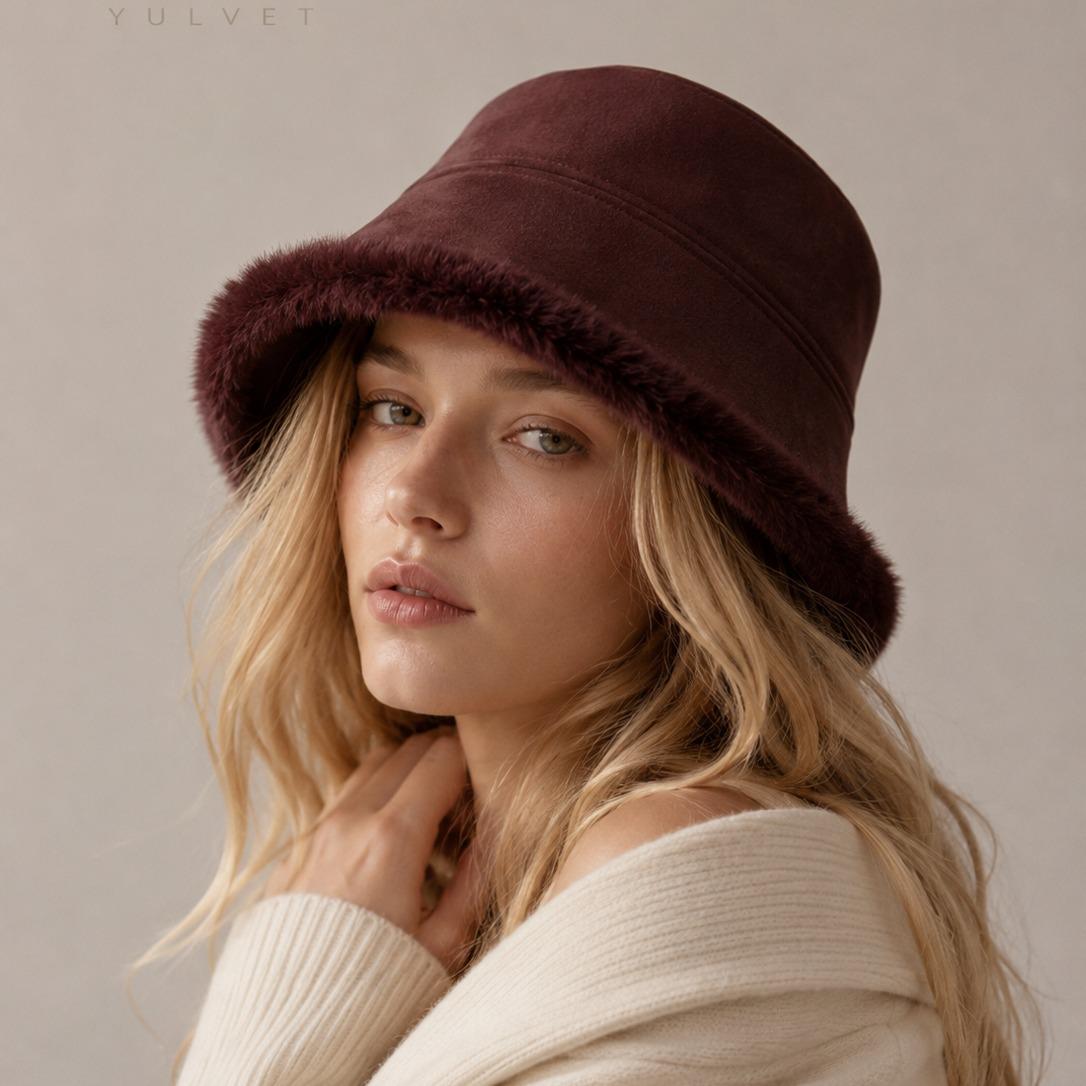 YULVET Sombrero Reversible de Mujer Tipo Bucket con Acabado Efecto Ante y Reverso de Pelo Suave, Gorro de Pescador de Copa Baja y Ala Caída para Otoño e Invierno