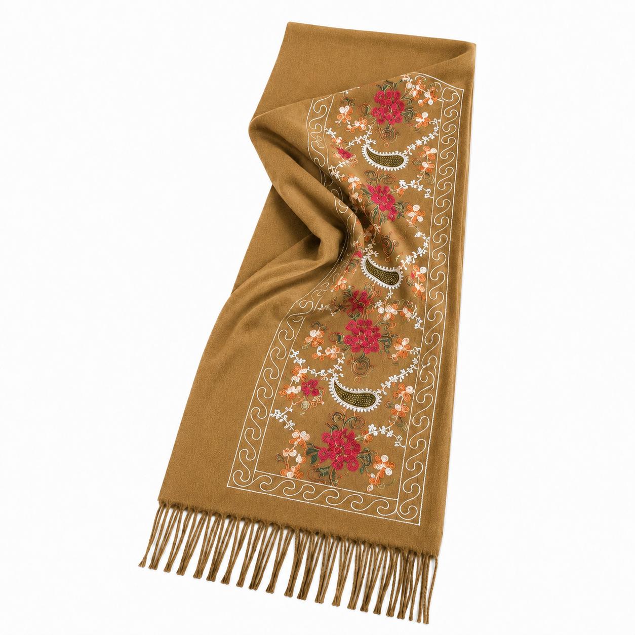 YULVET Bufanda Bordada de Mujer con Flecos, Estampado Floral y Detalles Ornamentales, Tejido Suave y Elegante para Otoño e Invierno