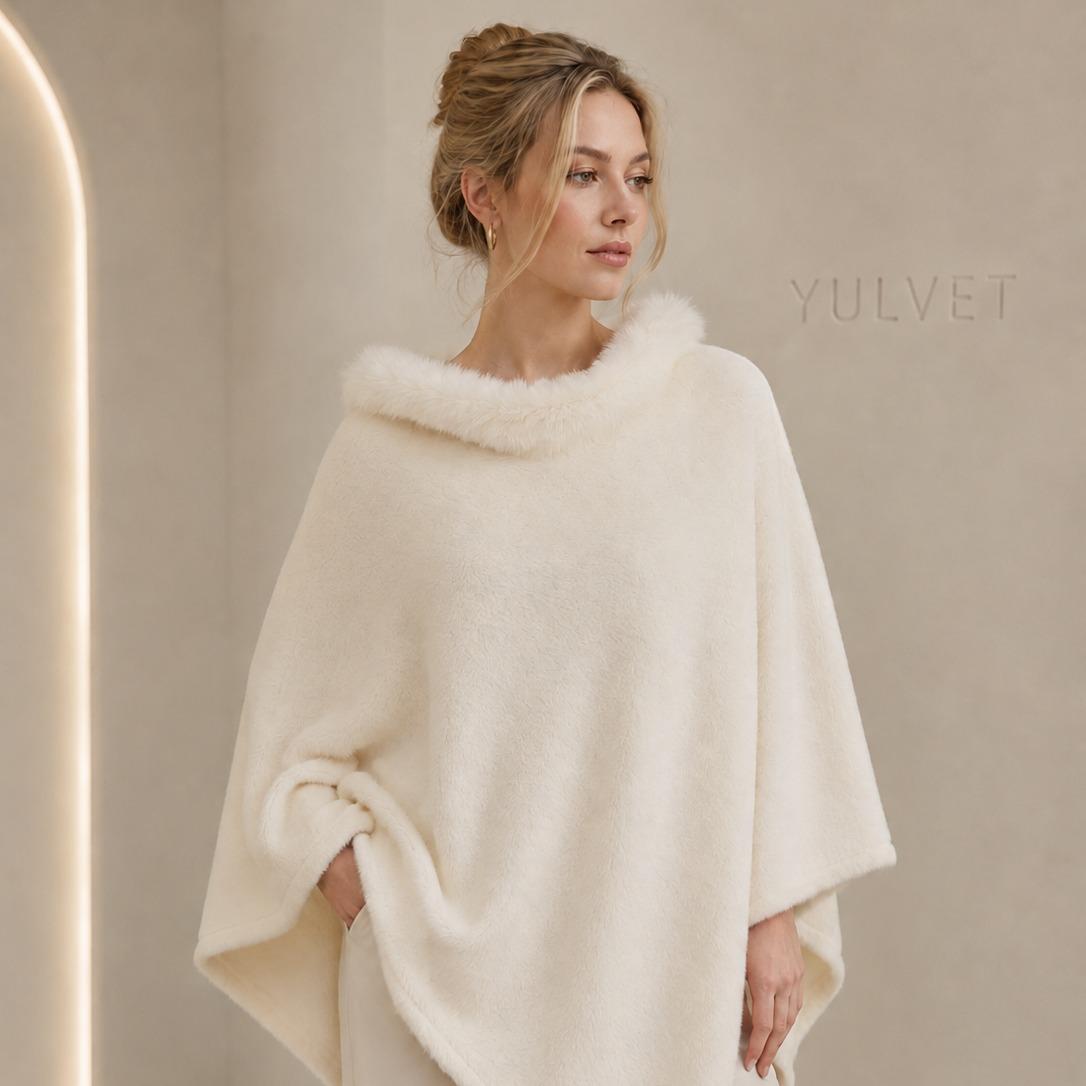 YULVET Poncho de Mujer con Cuello de Pelo Suave, Capa Elegante de Viscosa con Caída Fluida, Tacto Agradable y Diseño Versátil para Otoño e Invierno