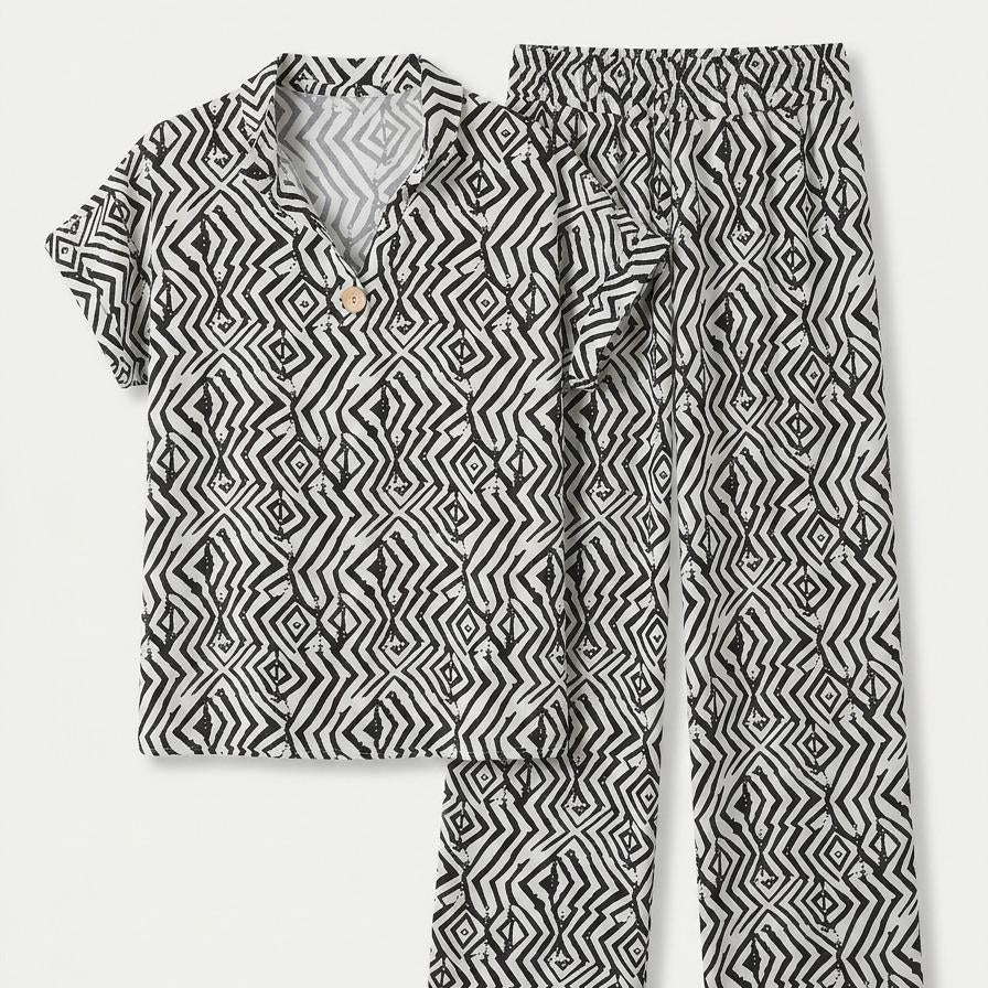 Conjunto 2 piezas blusa y pantalón ancho estampado  estilo boho, tejido ligero y fresco ideal para verano, camiseta suelta con manga corta y pantalón fluido de cintura elástica, look cómodo y elegante fácil de combinar, perfecto para vacaciones