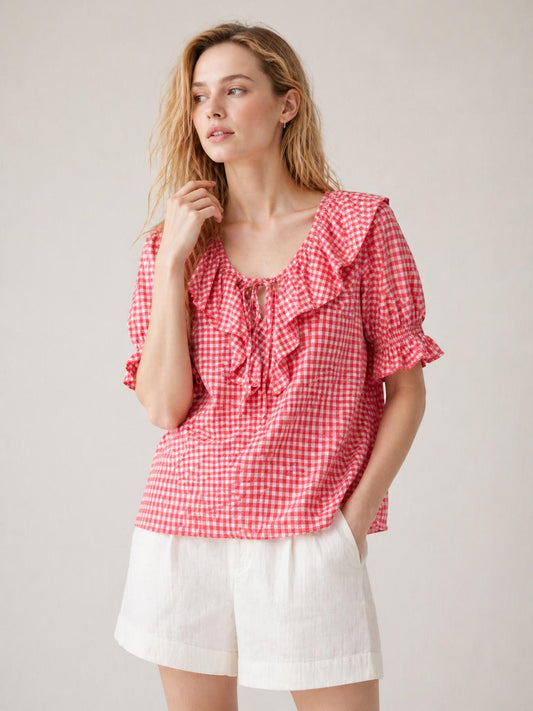 YULVET Blusa de cuadros vichy con volantes románticos y escote ajustable estilo boho veraniego