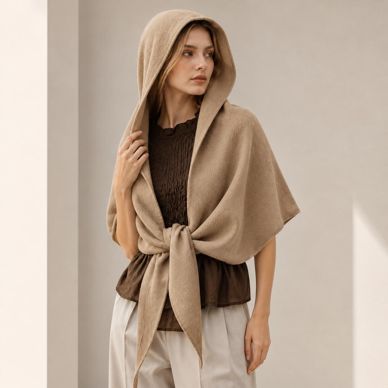 YULVET Capa Poncho con Capucha para Mujer | Chal Triangular de Tejido Suave con Caída Envolvente y Cierre Anudado | Capa Ligera Elegante para Otoño e Invierno