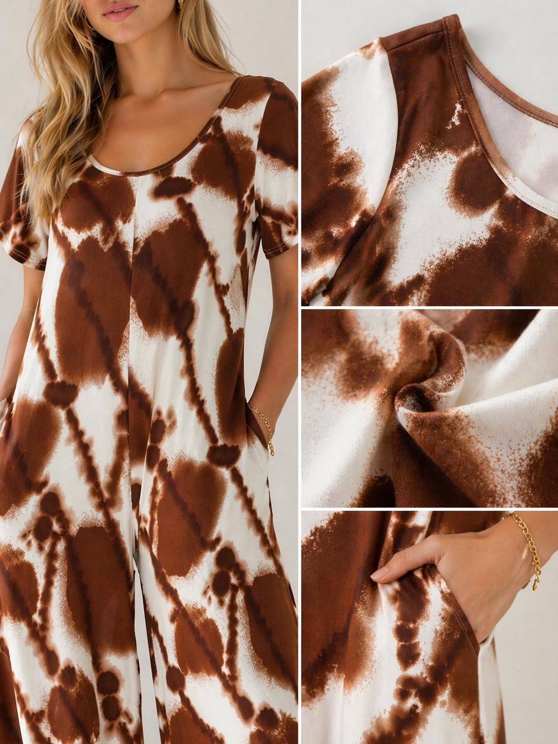 YULVET Mono largo fluido estampado estilo tie-dye con manga corta, escote redondo y pernera amplia con bolsillos laterales