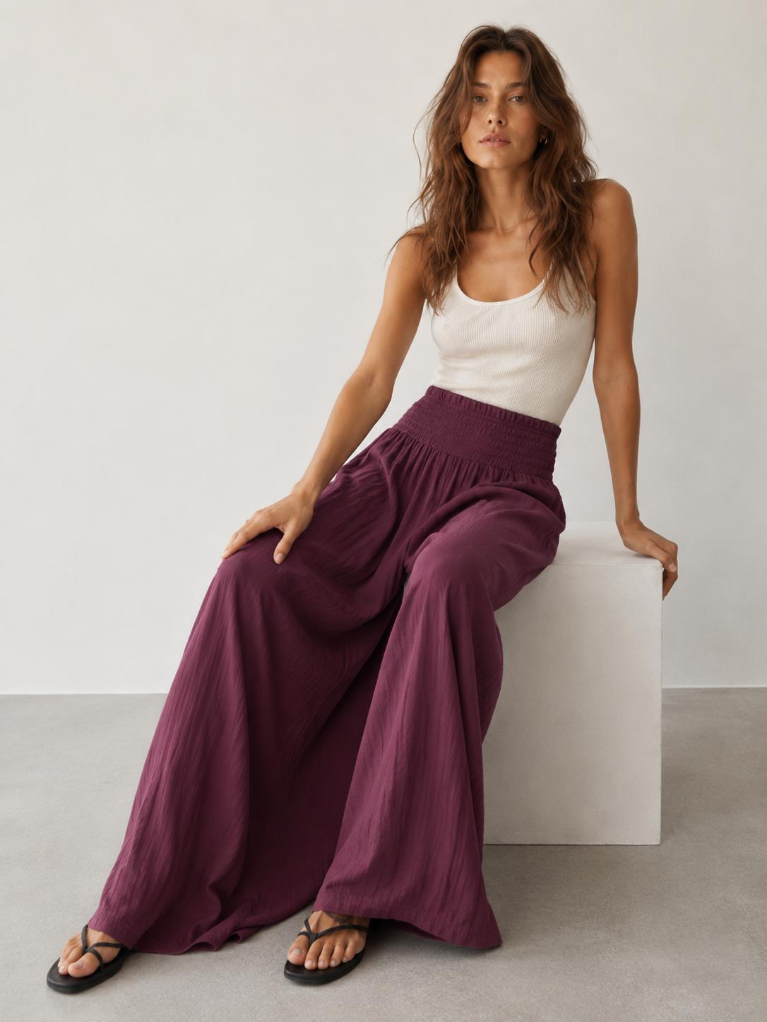 YULVET Pantalón palazzo fluido de tiro alto con cintura elástica fruncida y pernera ancha con caída ligera