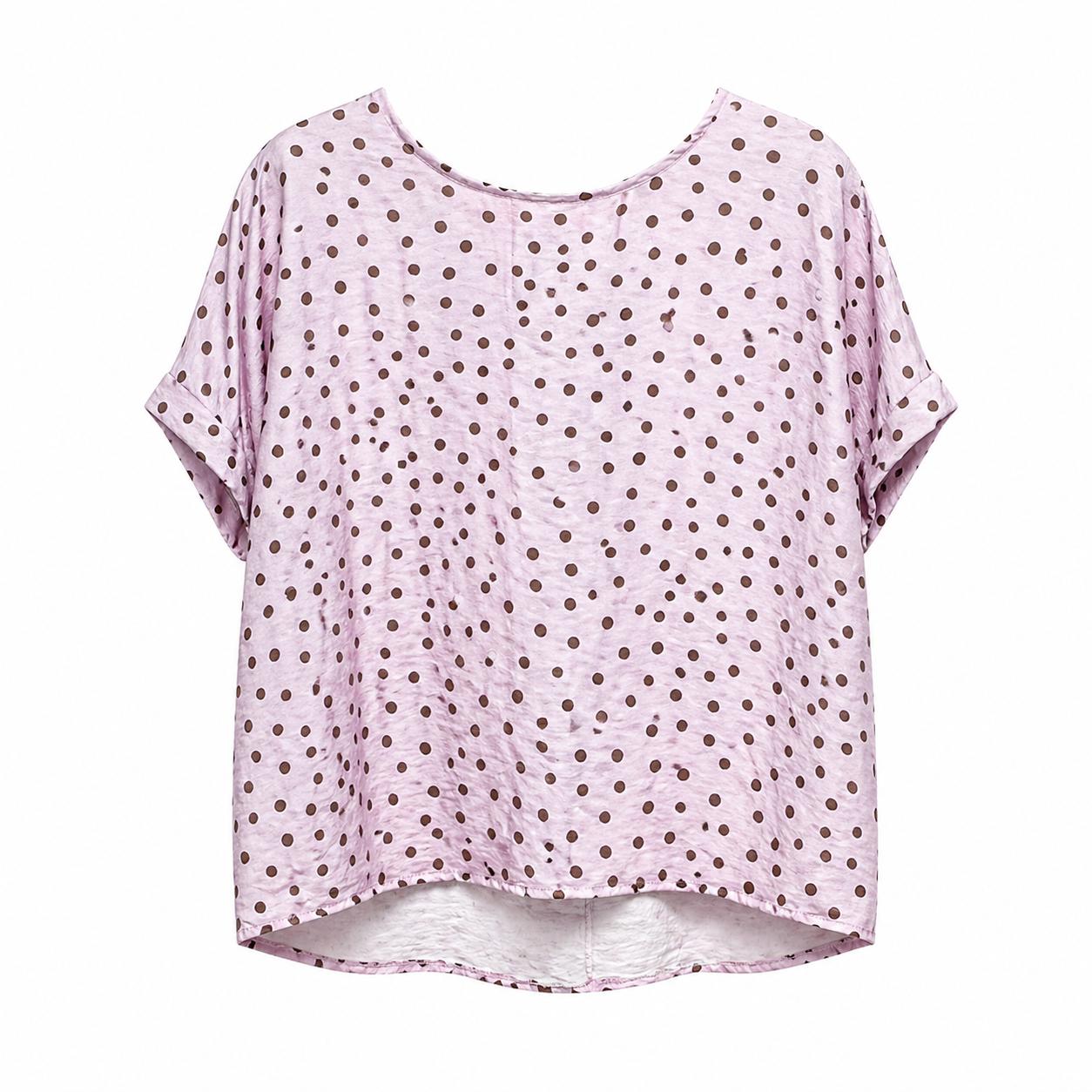YULVET Blusa fluida de lunares con caída ligera y escote redondo, diseño oversize con manga corta y detalle trasero abierto con lazada elegante