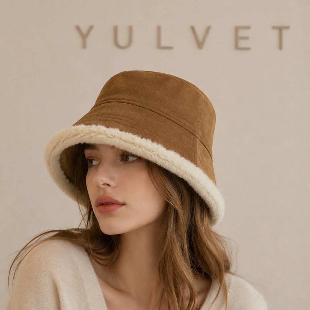 YULVET Sombrero Reversible de Mujer Tipo Bucket con Acabado Efecto Ante y Reverso de Pelo Suave, Gorro de Pescador de Copa Baja y Ala Caída para Otoño e Invierno
